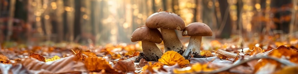 Canvas Print - Three mushrooms are on the ground in a forest. The mushrooms are brown and are surrounded by fallen leaves. The image has a peaceful and serene mood