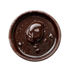 A small bowl of melted dark chocolate with a single, round chocolate piece in the center, set on a white background.