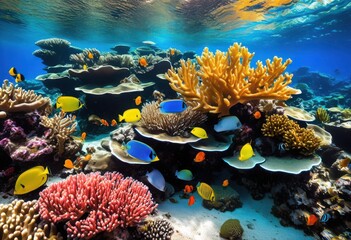 vibrant coral reef abundant colorful marine life including plant species under clear blue water, fish, invertebrates, plants, underwater, ecosystem