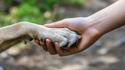 Human hand holding dog's paw, close-up outdoor shot. Friendship and trust concept