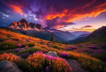 Wall Mural - stunning sunrise over majestic mountain peaks illuminating vibrant skies brilliant colors scenic landscapes, nature, beauty, clouds, horizon, light, view