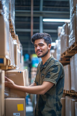 A man is standing in a warehouse with boxes stacked around him. He is smiling and he is happy