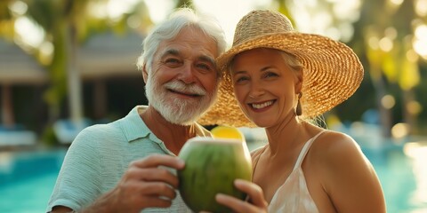 Wall Mural - A man and woman are smiling and holding a coconut drink. The man is wearing a green shirt and the woman is wearing a white dress