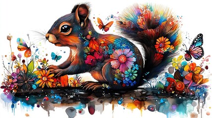 Wall Mural -   Painting of squirrel adorned with colorful flowers and butterflies