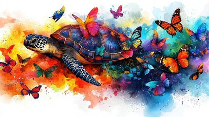 Wall Mural -   Watercolor turtle surrounded by butterflies on white background, featuring blue, red, orange, and yellow colors