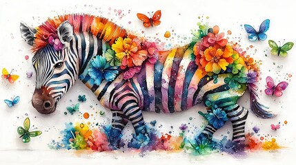 Wall Mural -   A zebra painting adorned with vibrant flowers on its body and delicate butterflies on its back