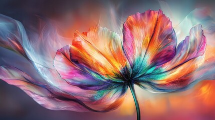 Wall Mural -   A vivid close-up of a multicolored flower on a blue and pink backdrop with a blurred depiction of another flower