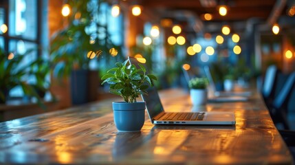 Wall Mural - A captivating image showcasing a modern open office space featuring a row of laptops and potted plants on a wooden desk, illuminated by warm, industrial-style lighting