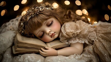 Sticker -   Close-up of a doll on a bed with book in lap and lights in background