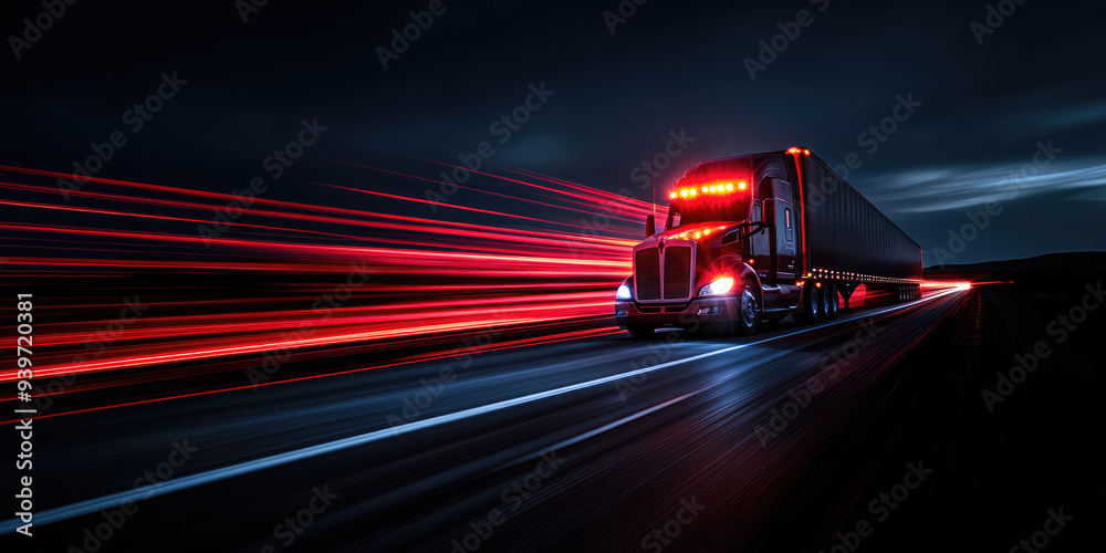 American semi-trailer truck speeding on a highway at night with red ...
