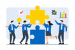 © VZ_Art - Flat illustration of team lifting giant puzzle piece to complete strategic business solution