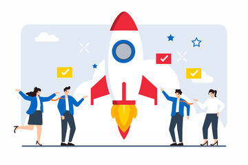 Poster - flat illustration of professionals collaborating to launch new project with rocket symbolizing growt