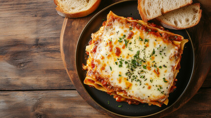 Baked portion of lasagna with pasta, cheese, and sauce, arranged on a plate with bread