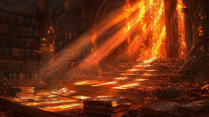 Leinwandbilder -   A spacious room brimming with numerous books and a luminous ray emanating from the bookshelf's peak