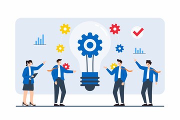 Poster - Flat illustration of colleagues supporting lightbulb idea being implemented as new business initiative
