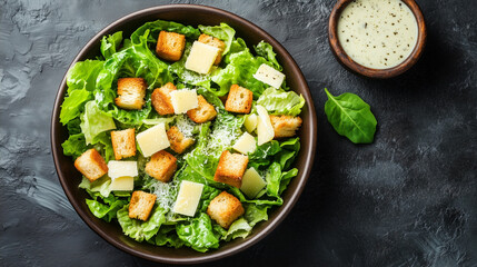 Wall Mural - Caesar salad assembled with romaine lettuce, croutons, parmesan cheese, and Caesar dressing in a bowl