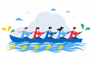 Poster - Flat illustration of employees rowing boat in unison, representing teamwork and synergy