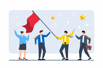 Poster - Flat illustration of colleagues working together to raise flag, representing achieving business milestones
