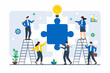 © VZ_Art - Flat illustration of team guiding large puzzle piece into place, symbolizing completing business strategy