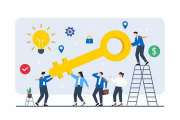 Poster - Flat illustration of team members with giant key to unlock business potential
