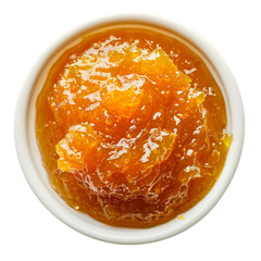 Wall Mural - Close-up of a small bowl of orange marmalade, a bright yellow spread, isolated on a white background.