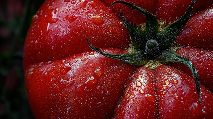 Wall Mural -   A magnified image of a massive ruby-red tomato, adorned with droplets of water on its verdant petals and stout green stem