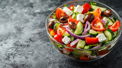 Greek salad in a glass bowl with cucumbers, tomatoes, red onions, olives, and feta cheese