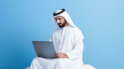 arab man working on a laptop isolated background