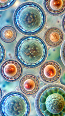 Fetal ovary Oocyte meiosis Micrograph showing several oocytes in leptotene stage with chromosomes as thin strands and a zygotene stage top left with chromosomes forming dark aggregates bouquet