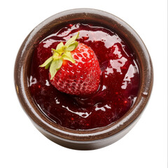 Wall Mural - A single fresh strawberry sits atop a small bowl of bright red strawberry jam.