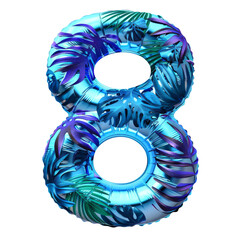 blue color metallic leaves 8 number balloon Realistic 3D on white background. Generative ai