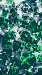 Fototapete - Abstract chaotically moving polygons of white and green colors on dark blue background. Animation. Green sphere of small triangles rotating and glowing, seamless loop.