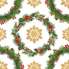 Wall Mural - christmas seamless pattern. festive christmas wreath and golden decorative snowflakes isolated on wh
