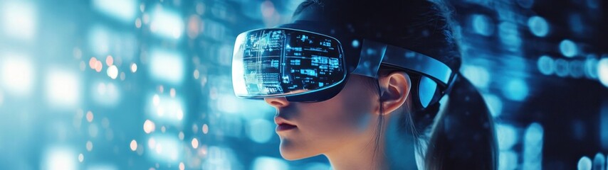 Wall Mural - Woman Wearing VR Headset With Digital Interface