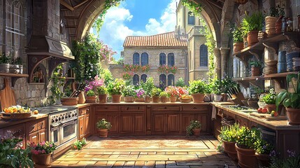 Wall Mural -   An artist's depiction of a kitchen with plants on the counter and shelves