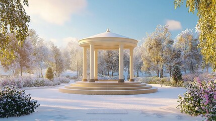 Wall Mural -   A wintery gazebo sits in the park's center, blanketed by snow