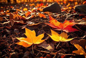 vibrant autumn leaves scattered across rich brown soil creating colorful natural landscape, foliage, nature, scenery, texture, orange, yellow, decay, beauty