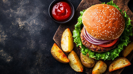 Wall Mural - Turkey burger on a bun with lettuce, tomato, and onions with potato wedges