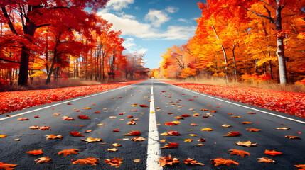 Forest road in autumn. Autumn scene in nature.