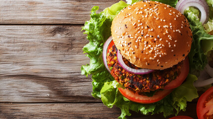 Wall Mural - Veggie burger on a bun with lettuce, tomato, and onions, with a side salad