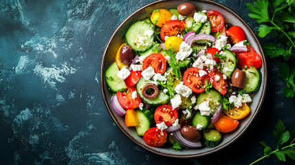 Wall Mural - Greek salad on a serving dish with tomatoes, cucumbers, olives, onions, topped with crumbled feta