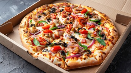 A mouth-watering pizza with a mix of fresh ingredients like basil, peppers and cheese, presented in an open box, capturing the essence of traditional Italian food.