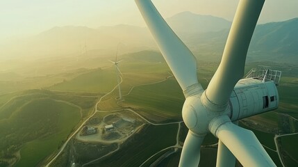 Close-up of a Wind Turbine Blade with Another Turbine and Mountains in the Background