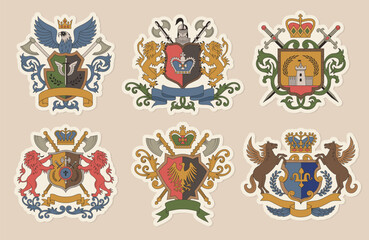 Poster - heraldic badges. luxury identity elements shield and weapons with ribbons and place for personal tex