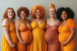 © staras - Group of happy pregnant multi ethnic plus size women, portrait of different national models, chubby face and fat body, pregnancy concept