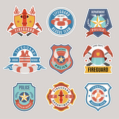 Poster - guard service. badges of life and police or fireguard security forces officers recent vector emblems