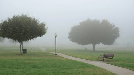   A hazy park featuring a bench prominently in the front and two distant trees