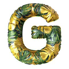 gold yellow color metallic leaves G alphabet balloon Realistic 3D on white background. Generative ai