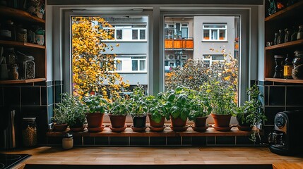 Wall Mural -   A wooden counter topped with potted plants sits beside a window sill