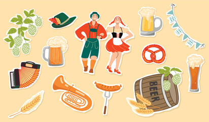 Wall Mural - Cartoon set of Oktoberfest stickers.Dancing couple, garland with Bavarian flag, glasses of beer, barrel, hops, pretzel, barley, accordion, tuba,hat and sausage.Beer festival vector designs for banner.